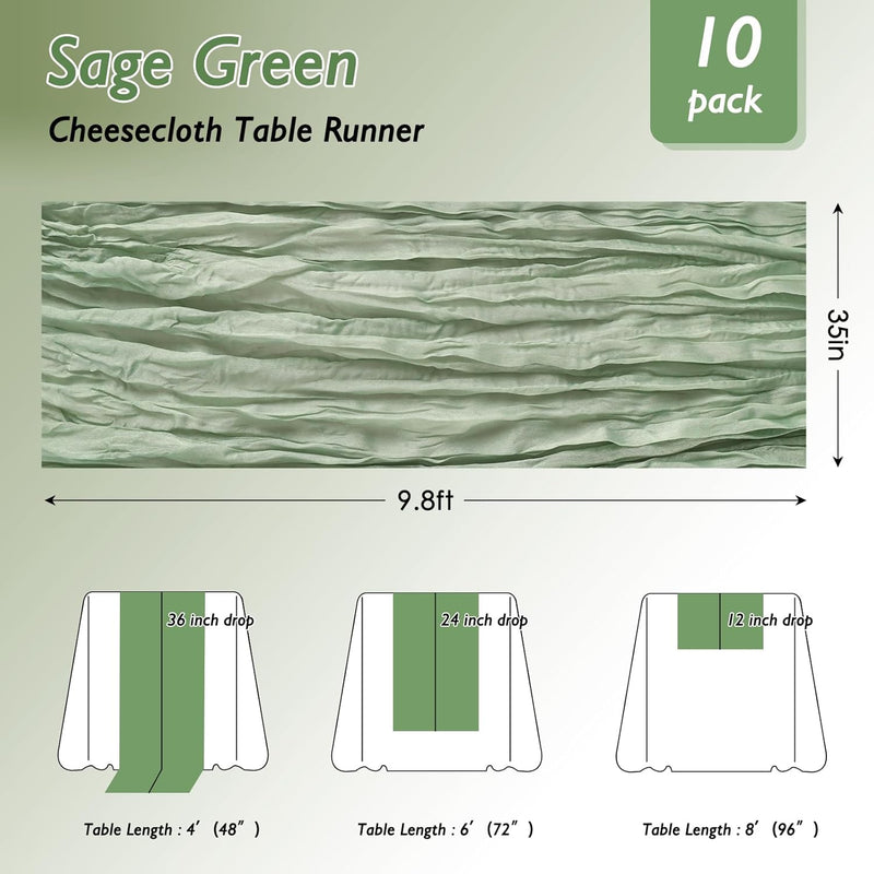 8 Pack Sage Green Cheesecloth Table Runner 120 Inch 10FT Gauze Cheese Cloth for Baby Shower, Boho Decor, Wedding Decoration, Jungle Theme Party