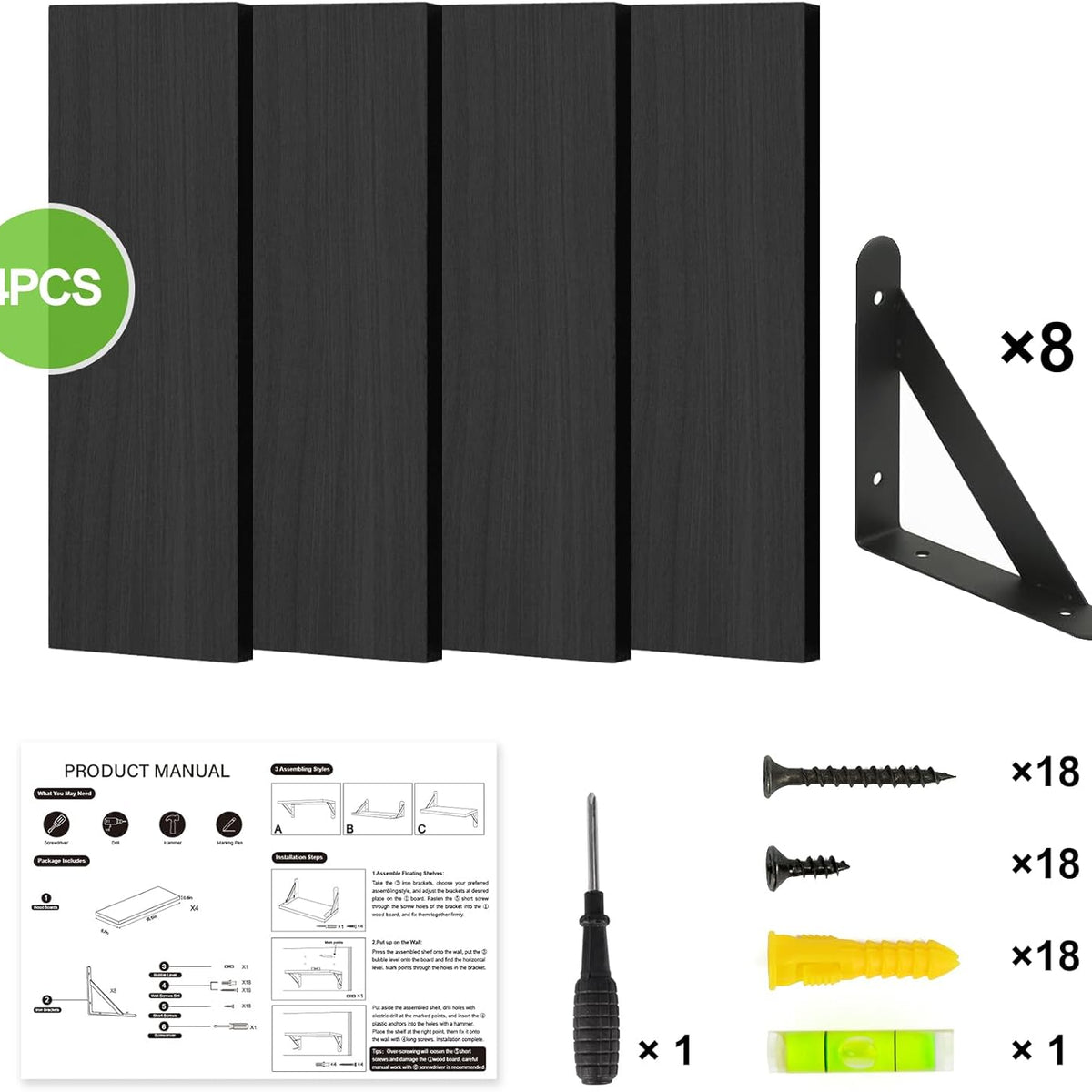 Fixwal Floating Shelves for Wall, Wood Wall Mounted Shelves for Bedroom, Bathroom, Living Room, Kitchen Storage and Decor(Black, Set of 4, 16.5 Inch)