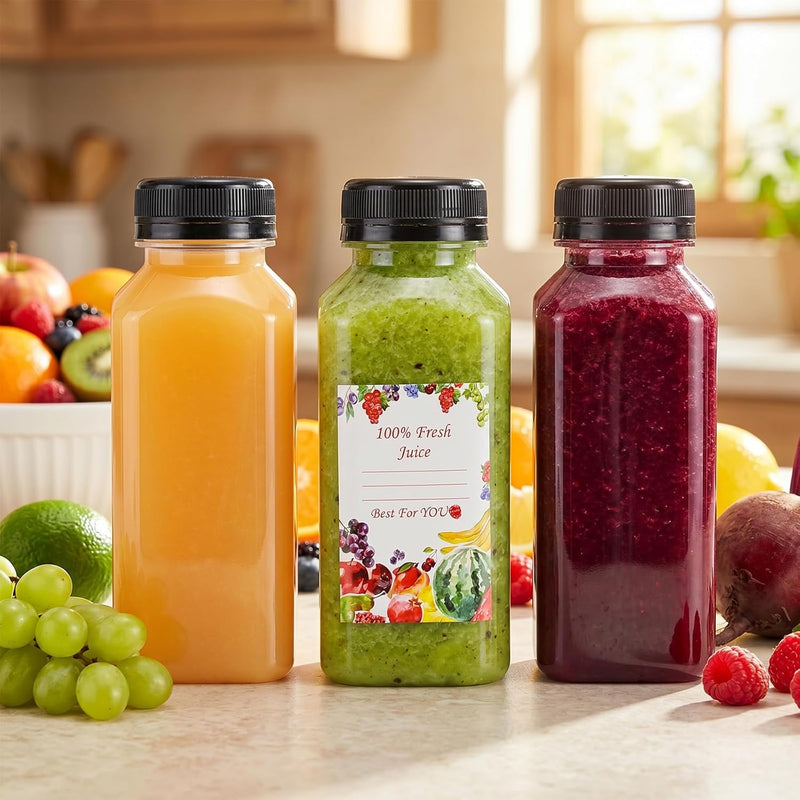 120pcs 8oz Plastic Juice Bottles with Caps, Reusable Clear Juice Containers with Labels, Funnel and Brush for Juicing, Smoothie, Milk