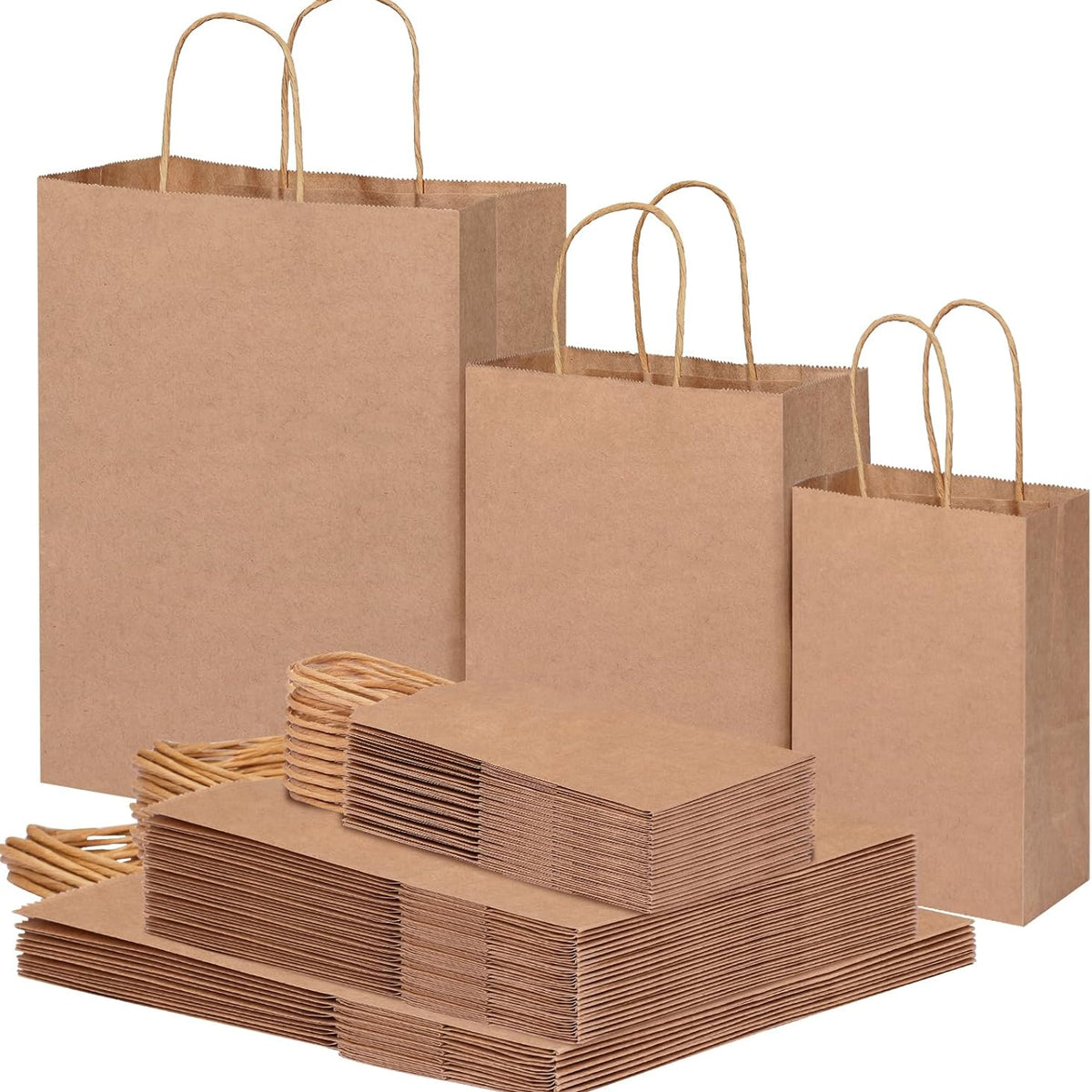Moretoes 75pcs Paper Bags, (8-10-12inch) Assorted Sizes Brown Paper Bags with Handles for Small Business, Shopping, Retail, Party,