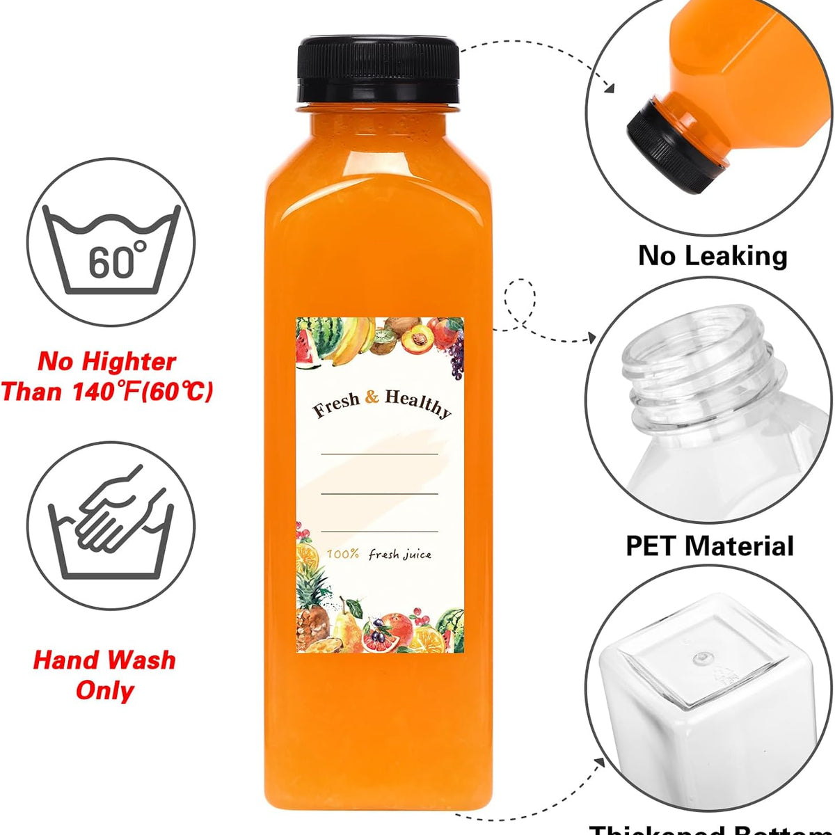 Moretoes 12pcs 16oz Plastic Juice Bottles with Caps, Reusable Juicing Bottles, Clear Empty Containers for Drinks, Smoothies and Other Beverages