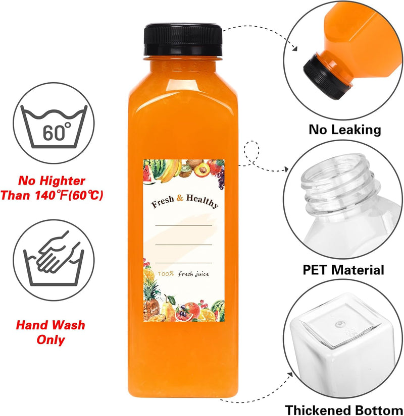 Moretoes 12pcs 16oz Plastic Juice Bottles with Caps, Reusable Juicing Bottles, Clear Empty Containers for Drinks, Smoothies and Other Beverages