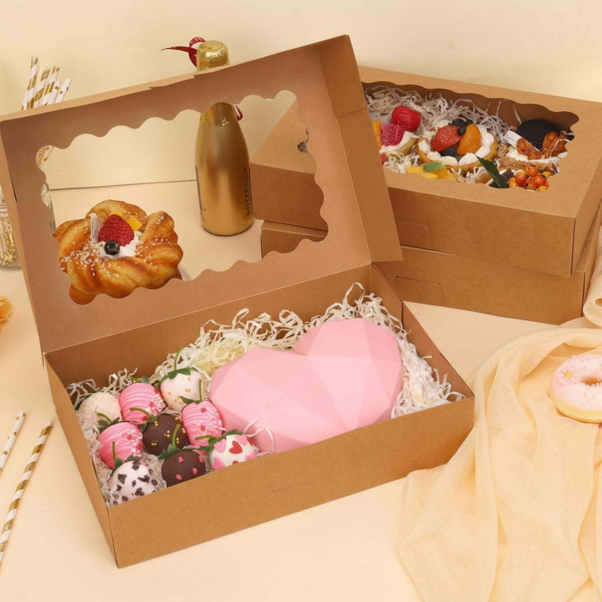 Moretoes 24pcs Bakery Boxes with Window, 12x8x2.5 Inches Auto-Popup Cookie Boxes for Muffins and Pastries (Brown)