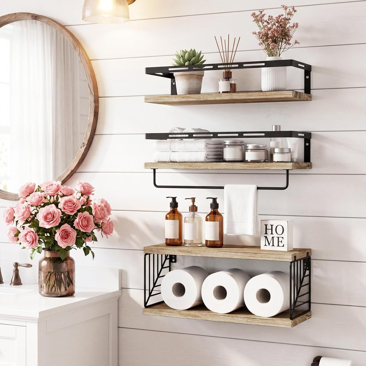 Fixwal Bathroom Shelves Over Toilet, Floating Shelves Wall Mounted with Metal Frame and Towel Bar for Bathroom, Kitchen, Bedroom, Living Room (3 Plus 1 Rustic Brown)