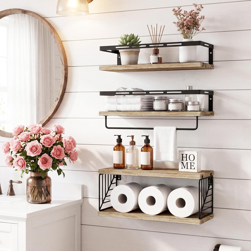 Fixwal Bathroom Shelves Over Toilet, Floating Shelves Wall Mounted with Metal Frame and Towel Bar for Bathroom, Kitchen, Bedroom, Living Room (3 Plus 1 Rustic Brown)