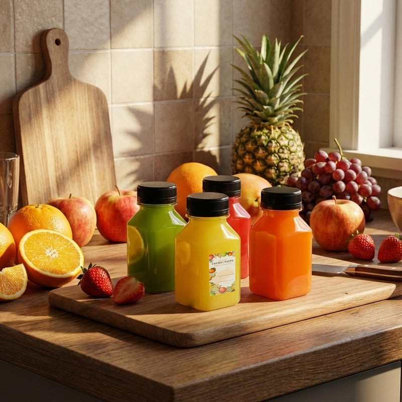 150pcs Juice Bottles with Caps, 4oz Plastic Containers with Lids Empty Reusable Clear Ginger Shots Bottles with Label, Funnel, and Brush Beverage for Juicing, Smoothies, Drinking, Fridge
