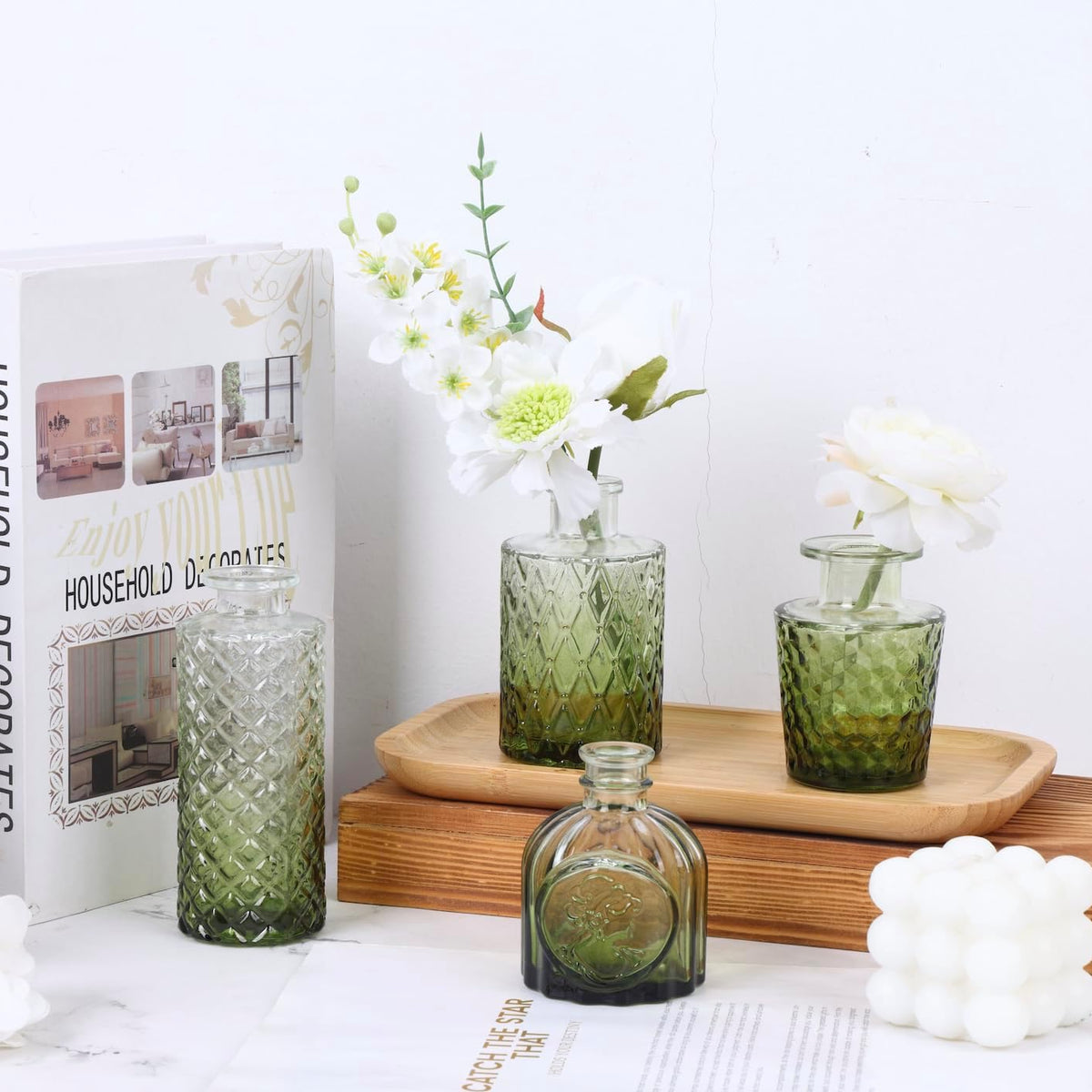 12 Pack Green Glass Bud Vase Set, Small Vintage Vases for Centerpieces, Decorative Flower Vases for Wedding Home Table Decor
