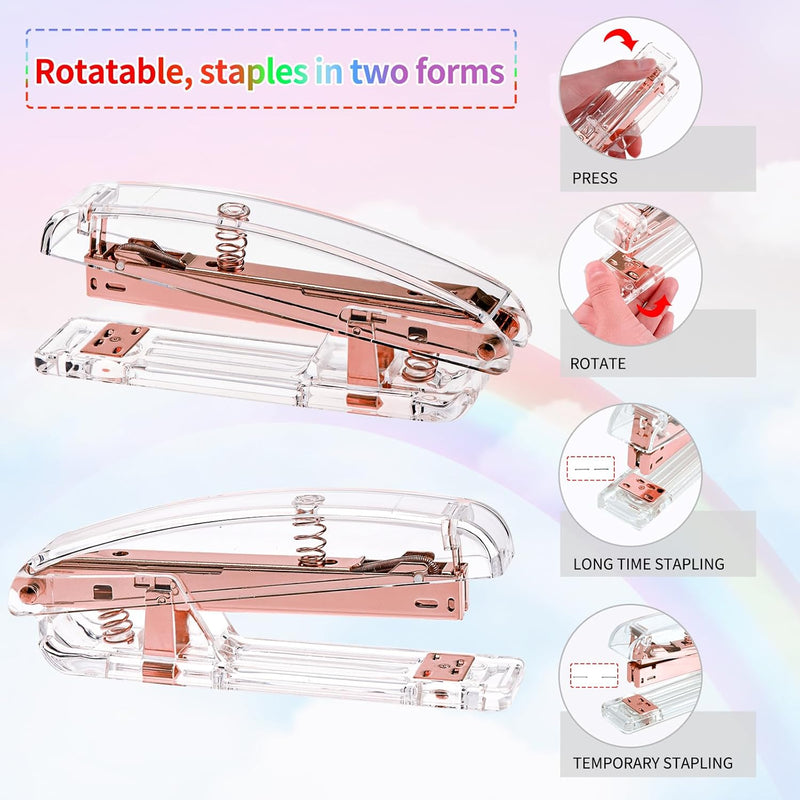 Rose Gold Desk Accessories, Office Supplies and Accessories Set, Acrylic Stapler Set, Staple Remover, Phone Holder, Pen Holder, Scissor, Ruler, Transparent Tape