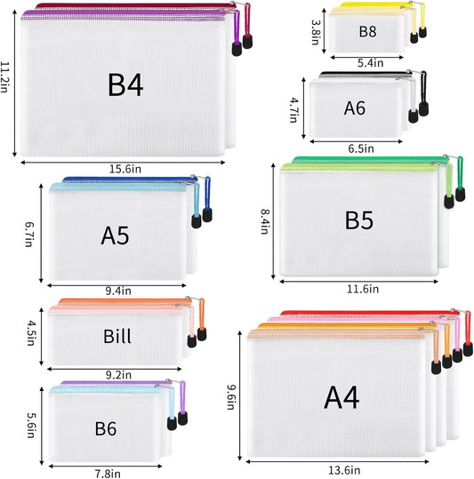 56pcs Mesh Zipper Pouch, Waterproof Zipper Bags, 8 Sizes Plastic Travel Pouch, 18 Colors, Multipurpose for Travel Storage, Office Appliances