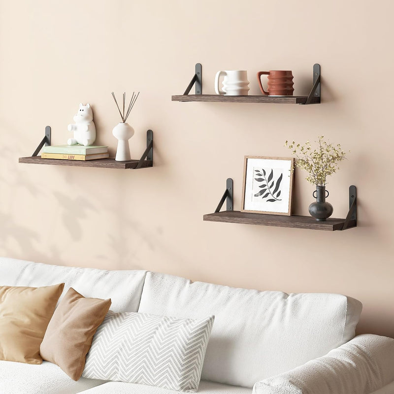 Brown Floating Shelves for Wall, 16.5 Inch Farmhouse Wall Shelves for Bedroom, Bathroom Storage, Living Room and Kitchen Decor (Set of 6 Brown)