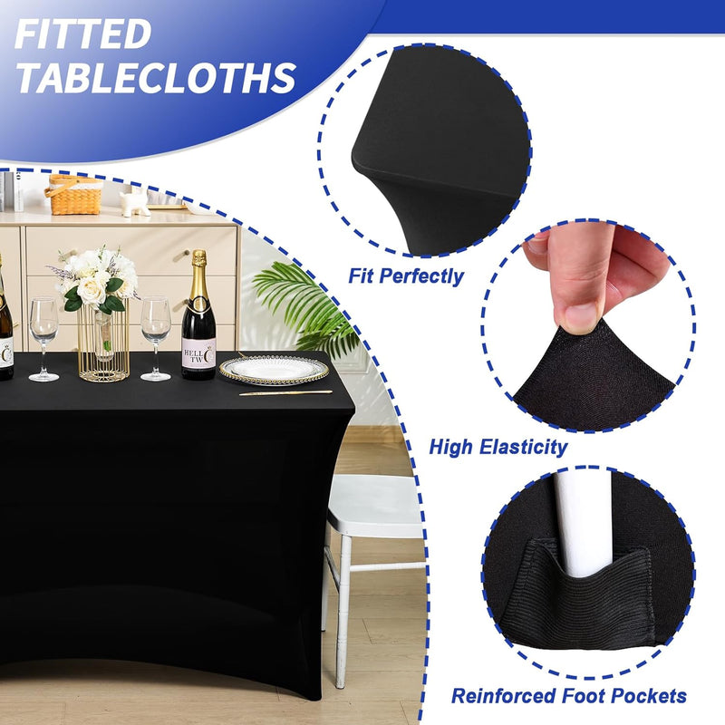 Fixwal 3 Pack Black Table Cloths Rectangle 4ft, Stretch Spandex Fitted Table Covers for Parties, Trade Shows, Banquet, Weddings, Buffet, Graduation Decorations