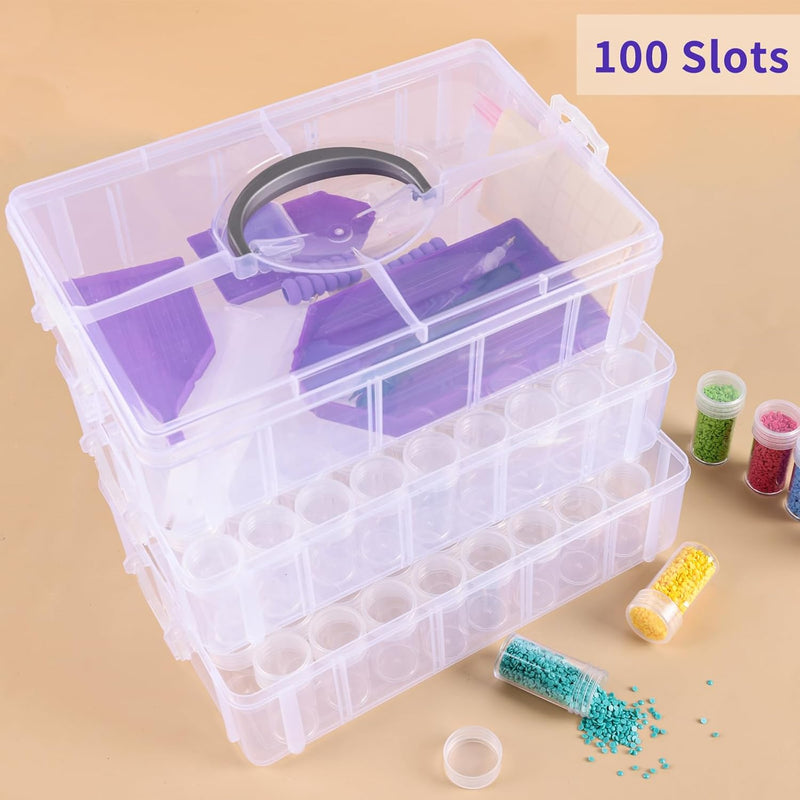 3-Tier Diamond Painting Storage Container, 100 Slots Clear Stackable Bead Organzier with Diamond Painting Accessories and Tools for DIY Diamond Art Craft Jewelry Bead Storage