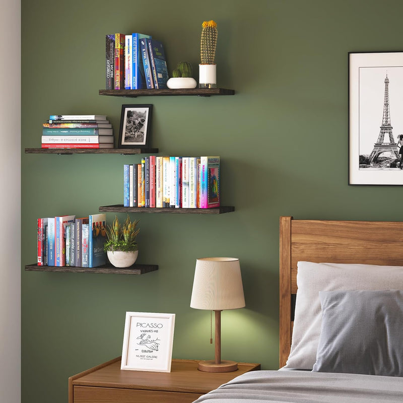 Fixwal Floating Shelves for Room Decor, 4 Sets Wall Storage, Wood Mounted Shelf for Bedroom, Bathroom, Book Shelf, Dark Carbonized Black