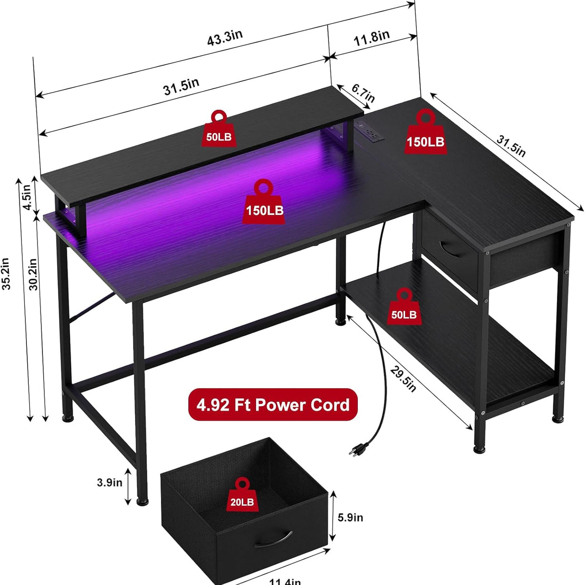 Fixwal Gaming Desk for Bedroom L Shaped Small Corner Computer Desk with Power Outlets and LED Lights, PC Desk, Home Office Desks with Drawer, Writing Desk Study Desk, Black