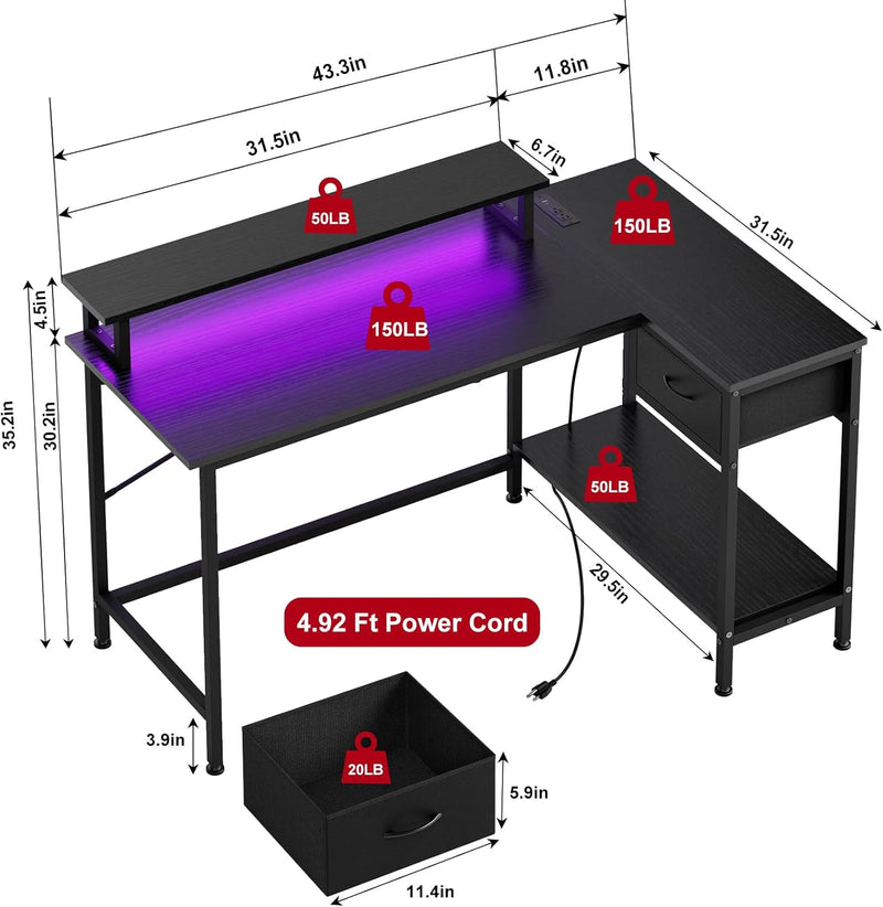 Fixwal Gaming Desk for Bedroom L Shaped Small Corner Computer Desk with Power Outlets and LED Lights, PC Desk, Home Office Desks with Drawer, Writing Desk Study Desk, Black
