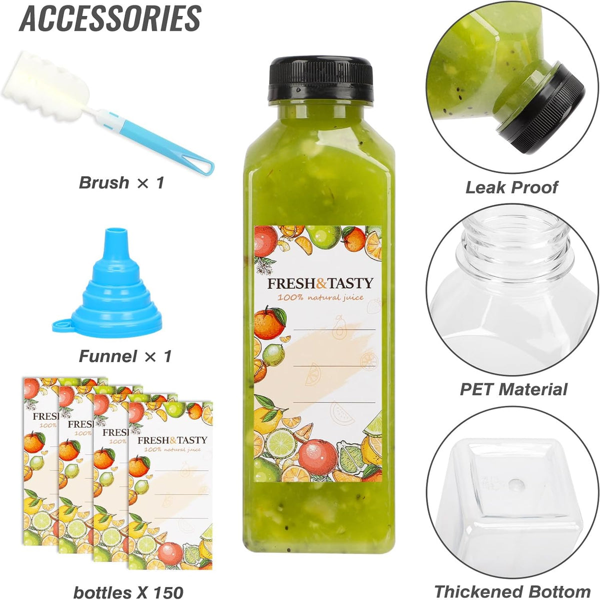150pcs Juice Bottles, 16oz Reusable Plastic Juice Bottles with Caps and Labels, Funnel, Brush Beverage Containers for Juicing, Smoothies, Tea, Milk