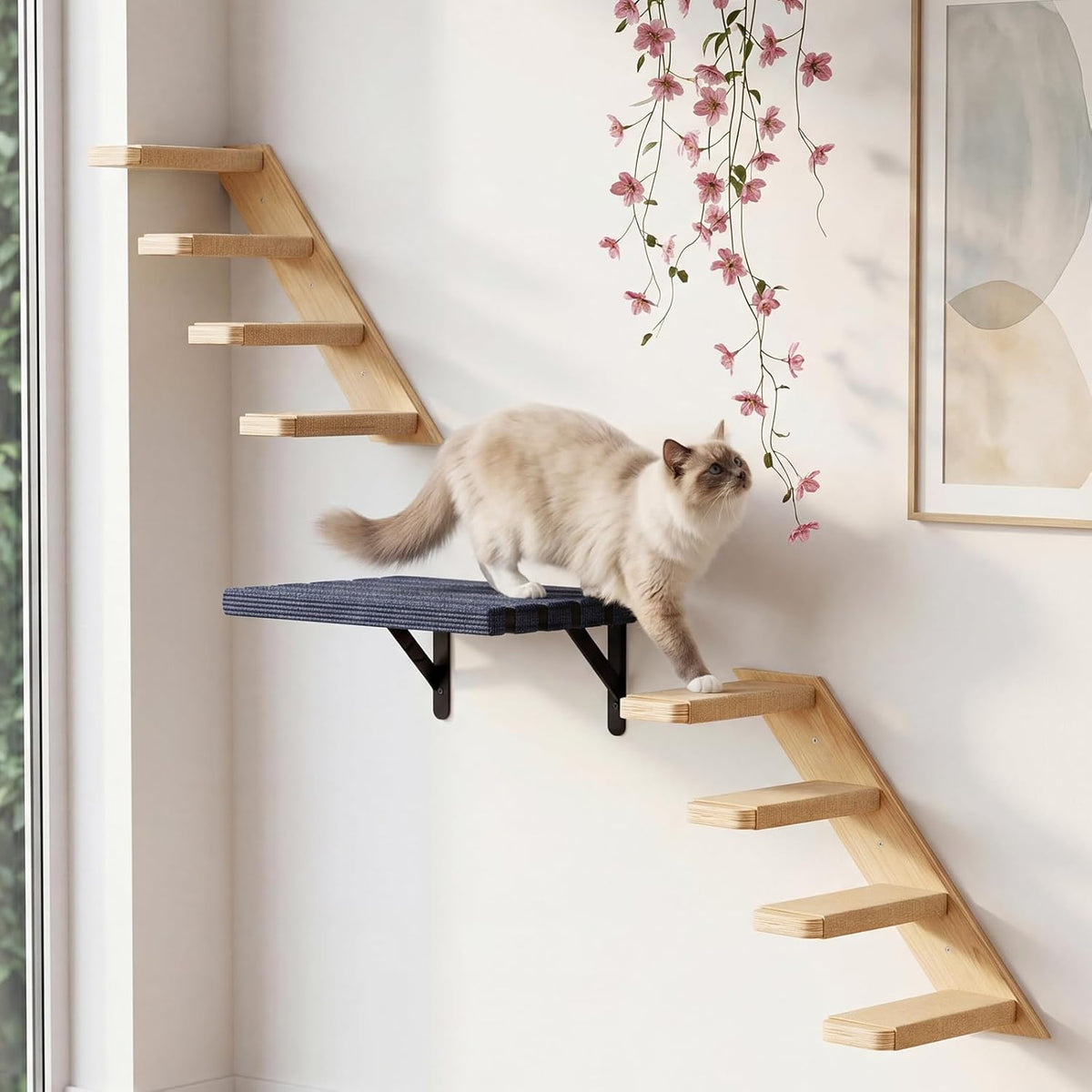 Superlele Cat Wall Shelves Set, 3 Pcs Modern Wood Cat Climbing Stairs with Large Perch Platform, 4-Step Wall Mounted Furniture for Indoor Cats, Sturdy Walkway for Playing Sleeping Exercise