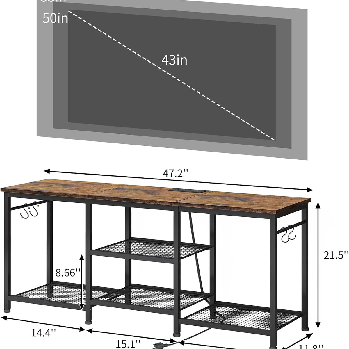 TV Stand for Up to 50 Inch Tvs, Entertainment Center with Outlet Led Lights Open Storage Shelves, TV Consoles for Living Room Bedroom, Rustic Brown