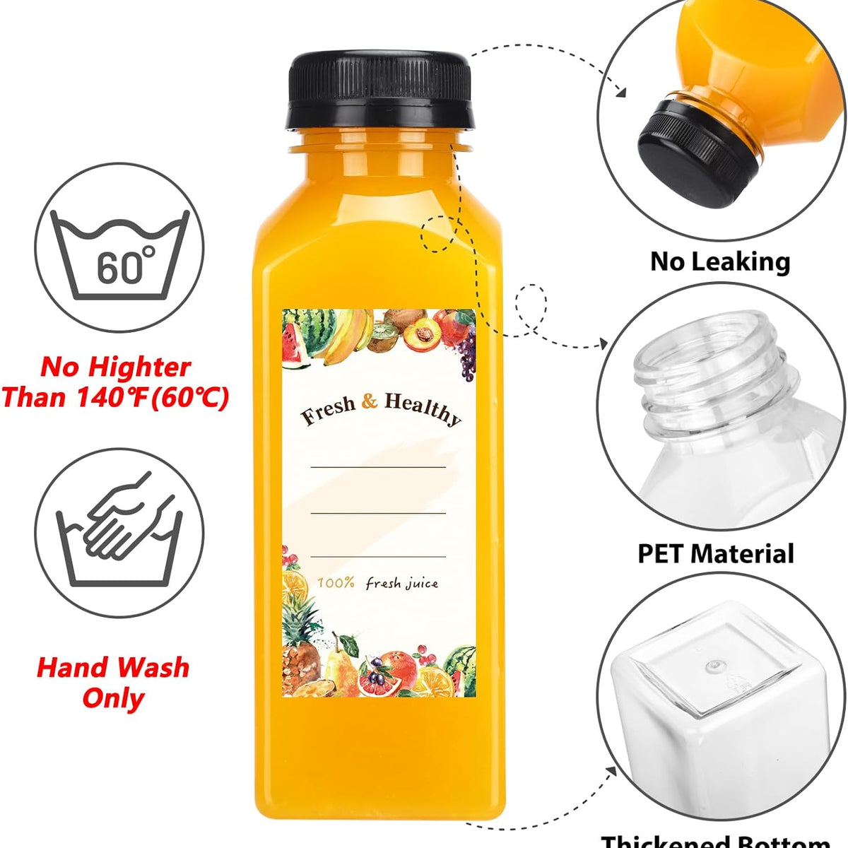 Moretoes 128pcs 12oz Juice Bottles, Plastic Juice Bottles with Caps, Reusable Drink Containers for Juicing, Smoothie and Other Beverages