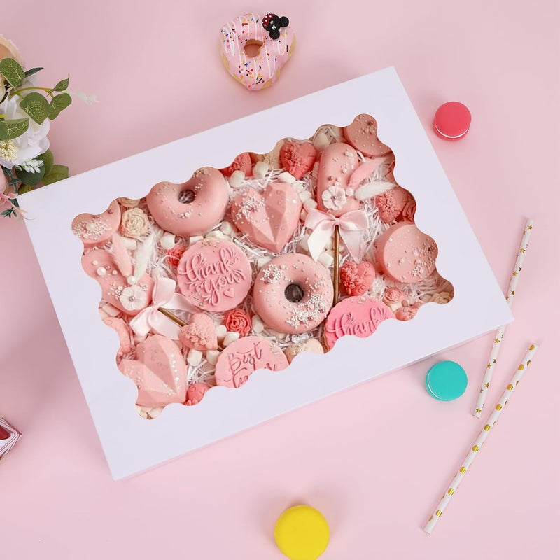 Moretoes 24pcs Bakery Boxes, 14x10x2.5 Inch Treat Boxes with Window for Chocolate Covered Strawberries, Donuts, Pies, Muffins and Pastries (White)