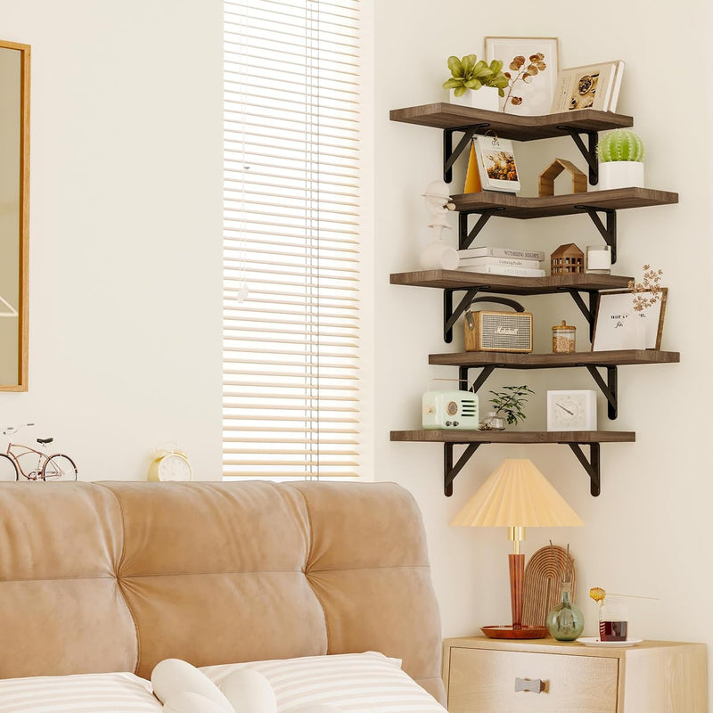 Fixwal Corner Floating Shelves Set of 5, Wall Mounted Corner Shelf, Rustic Wood Wall Shelves for Bathroom, Kitchen, Bedroom, Home Decor, Laundry Room, Living Room (Walnut)