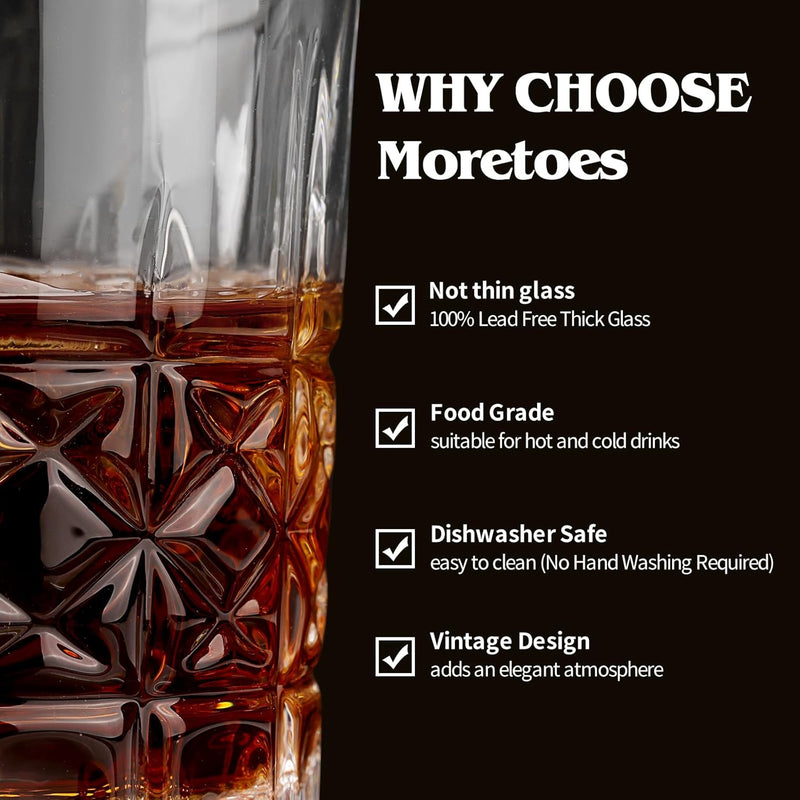 Moretoes Drinking Glasses, 12 Piece Crystal Glass Cups, Mixed Glassware Set, 6 Crystal Old Fashioned 10oz and 6 Highballs Glasses, Great for Cocktail, Whisky and Other Beverages