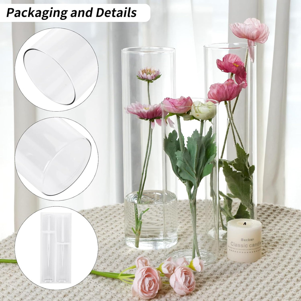 12pcs Glass Cylinder Vase 4, 6.8, 9, 11.8 Inch Glass Candle Holder Clear Vases for Centerpieces Tall Flower Vase for Wedding Home Decor Party 4 Different Sizes