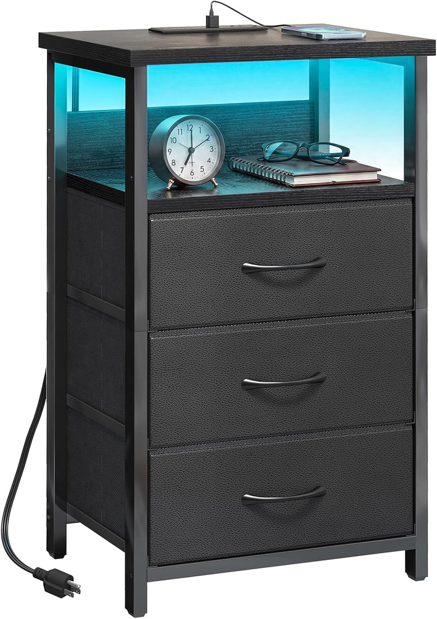 LED Nightstand with Charging Station & 3 Fabric Drawers