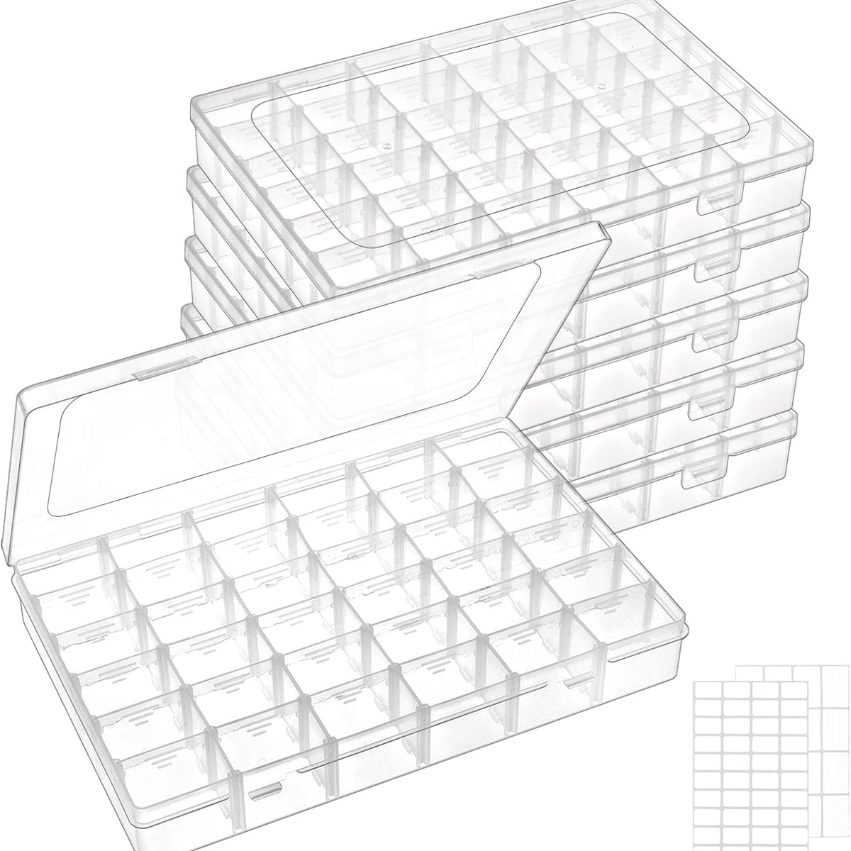 6 Pack 36 Grids Clear Plastic Organizer Storage Box Container, Craft Storage with Adjustable Dividers for Beads, Art DIY, Crafts, Jewelry, Fishing Tackle with Label Stickers