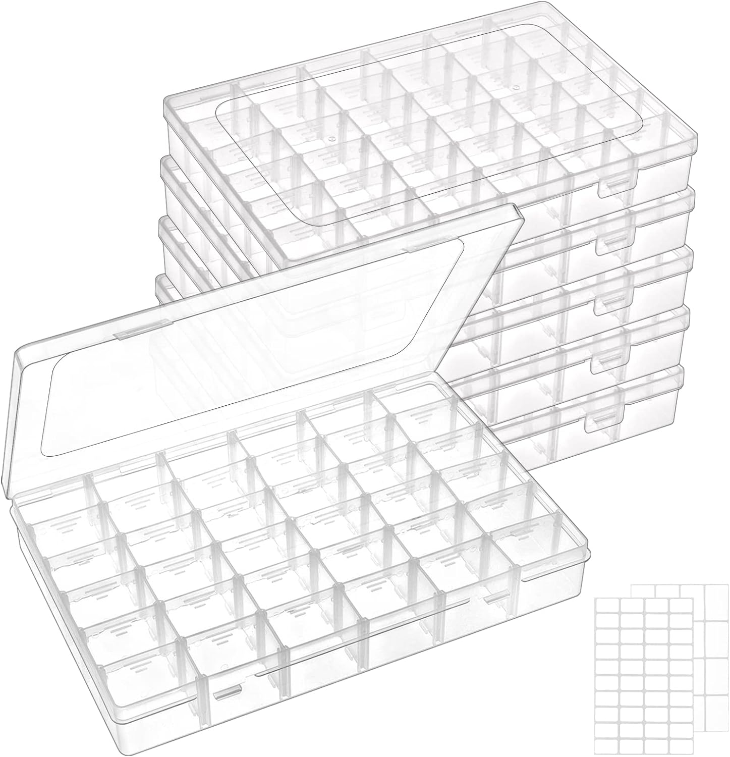 6 Pack 36 Grids Clear Plastic Organizer Storage Box Container, Craft Storage with Adjustable Dividers for Beads, Art DIY, Crafts, Jewelry, Fishing Tackle with Label Stickers