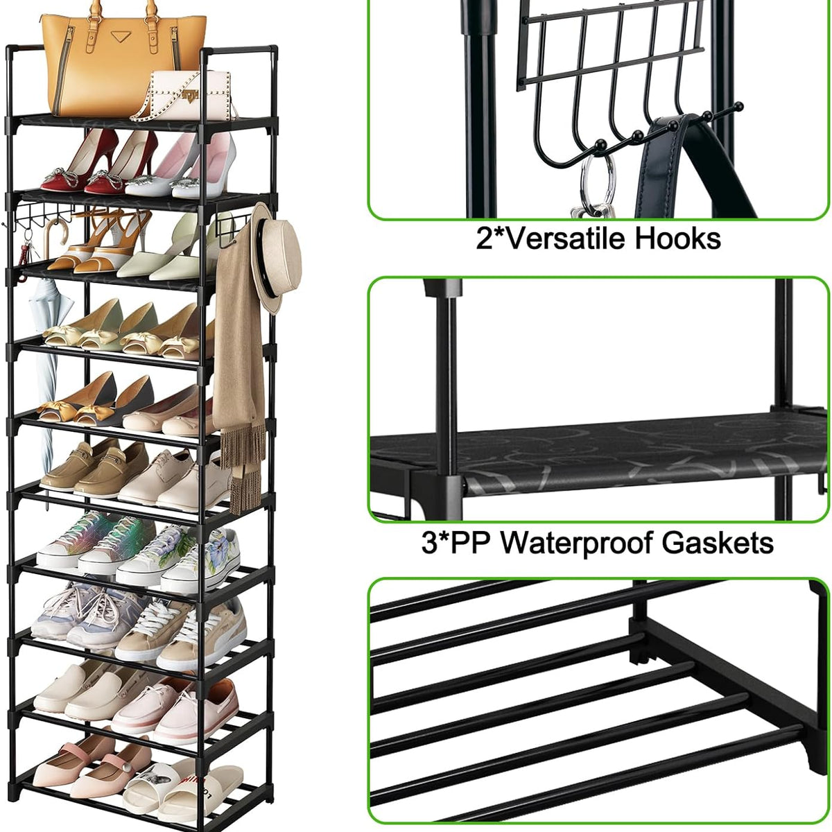 Fixwal 10-Tier Shoe Rack: Tall Narrow Metal Shelf with Hooks - Black, Holds 20-24 Pairs of Shoes and Boots for Closet, Entryway, Bedroom