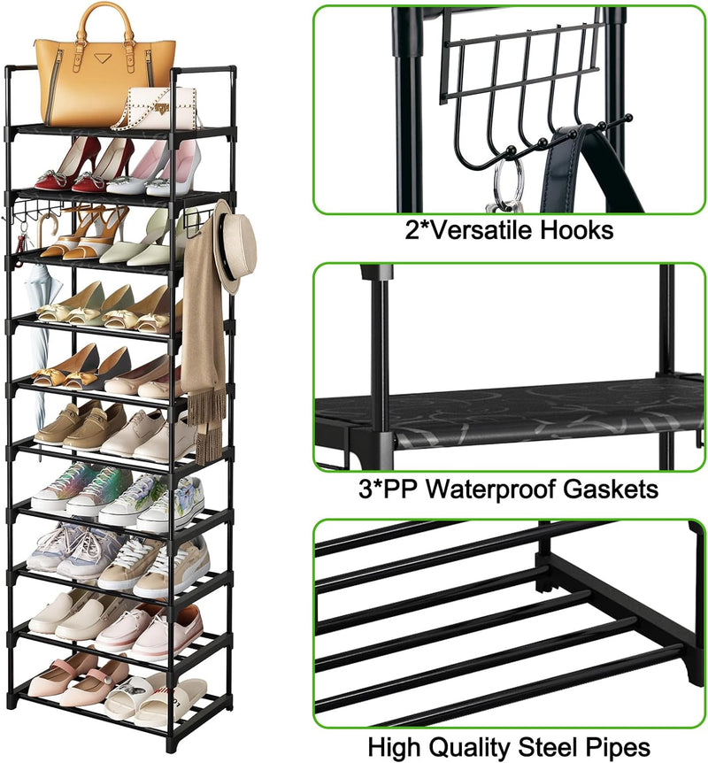 Fixwal 10-Tier Shoe Rack: Tall Narrow Metal Shelf with Hooks - Black, Holds 20-24 Pairs of Shoes and Boots for Closet, Entryway, Bedroom
