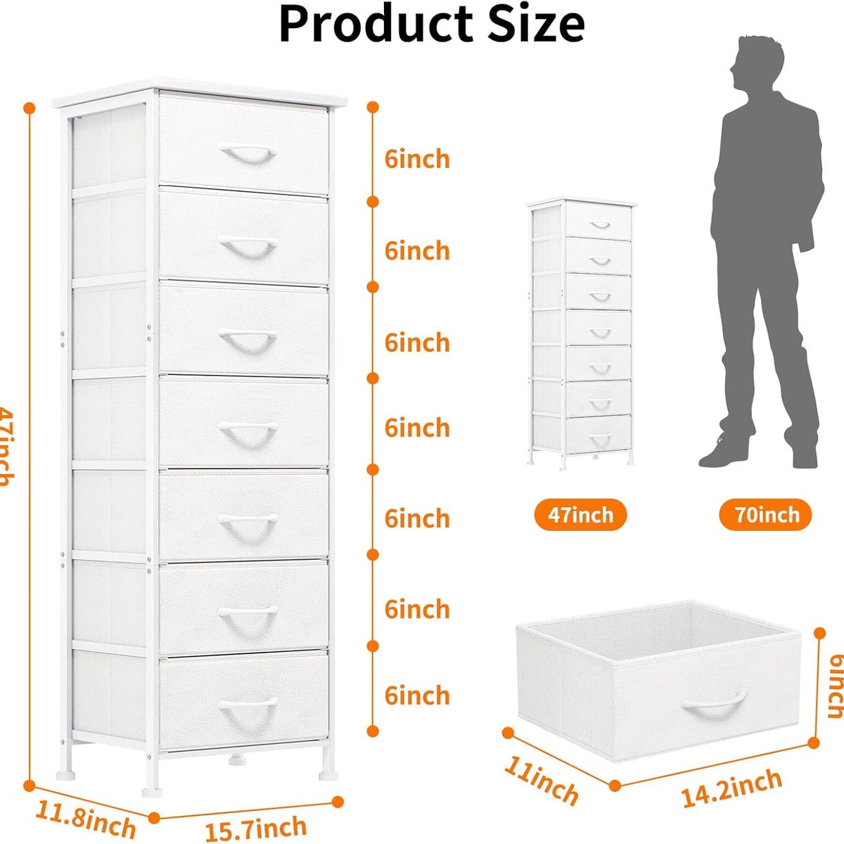 White Tall Dresser for Bedroom, Storage Dresser Organizer with 7 Fabric Drawers, Nightstand Furniture in Closet, Entryway, Hallway