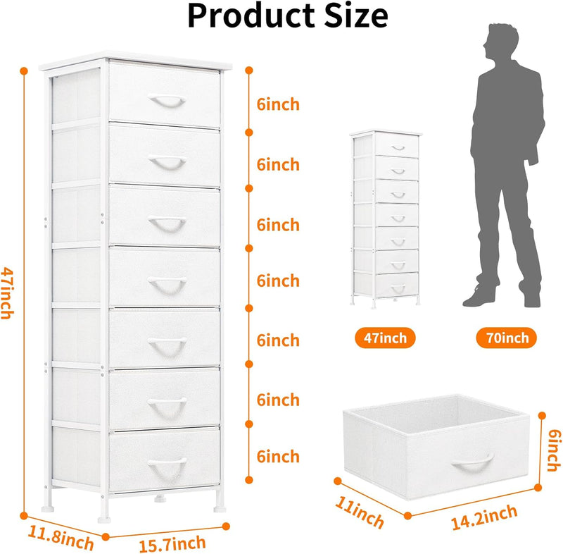 White Tall Dresser for Bedroom, Storage Dresser Organizer with 7 Fabric Drawers, Nightstand Furniture in Closet, Entryway, Hallway