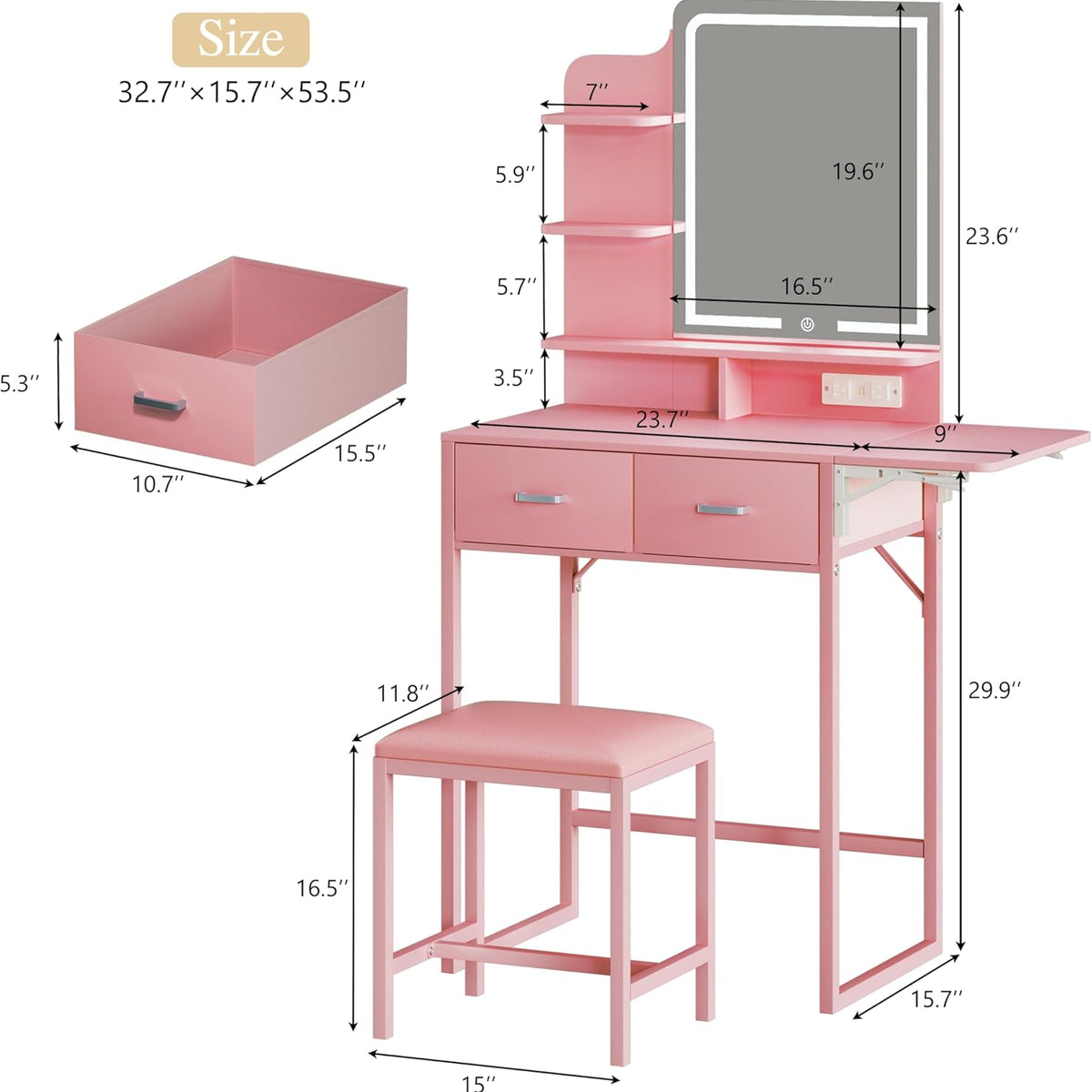 Vanity Desk with Mirror and Lights, Small Vanity with Fabric Storage Drawer & Chair & Shelves, Makeup Vanity with Fold-up Panel and Power Outlet for Bedroom