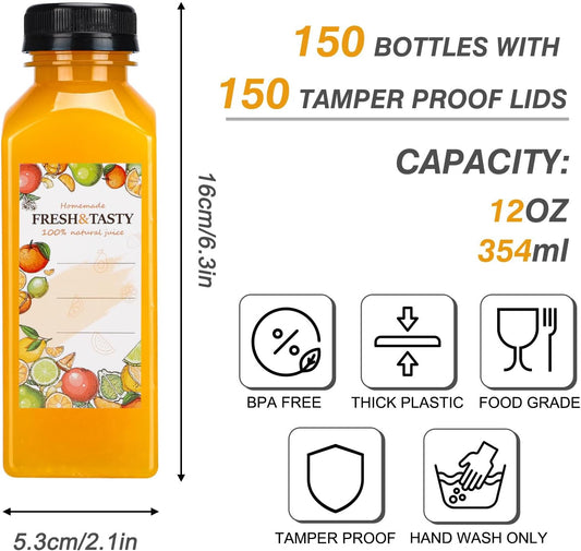 150pcs Juice Bottles, 12oz Reusable Plastic Juice Bottles with Caps and Labels, Funnel, Brush Beverage Containers for Juicing, Smoothies, Tea, Milk