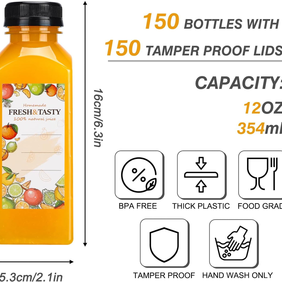 150pcs Juice Bottles, 12oz Reusable Plastic Juice Bottles with Caps and Labels, Funnel, Brush Beverage Containers for Juicing, Smoothies, Tea, Milk