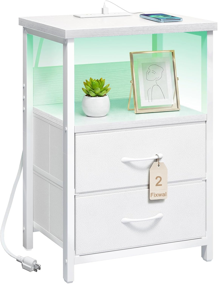 White LED Nightstand with Charging Station & Fabric Drawers