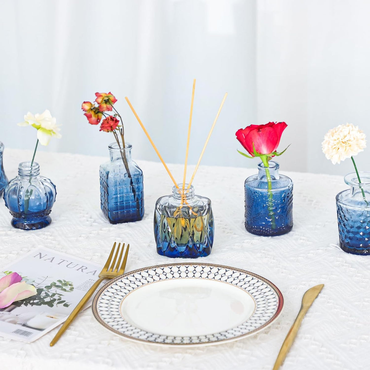 Fixwal 36 Blue Bud Vases Glass Bud Vase Set, Small Vases for Flowers, Bud Vases for Centerpieces Mini Flower Vases in Bulk for Rustic Wedding Decorations Vintage Look Home Table Decor (Blue)