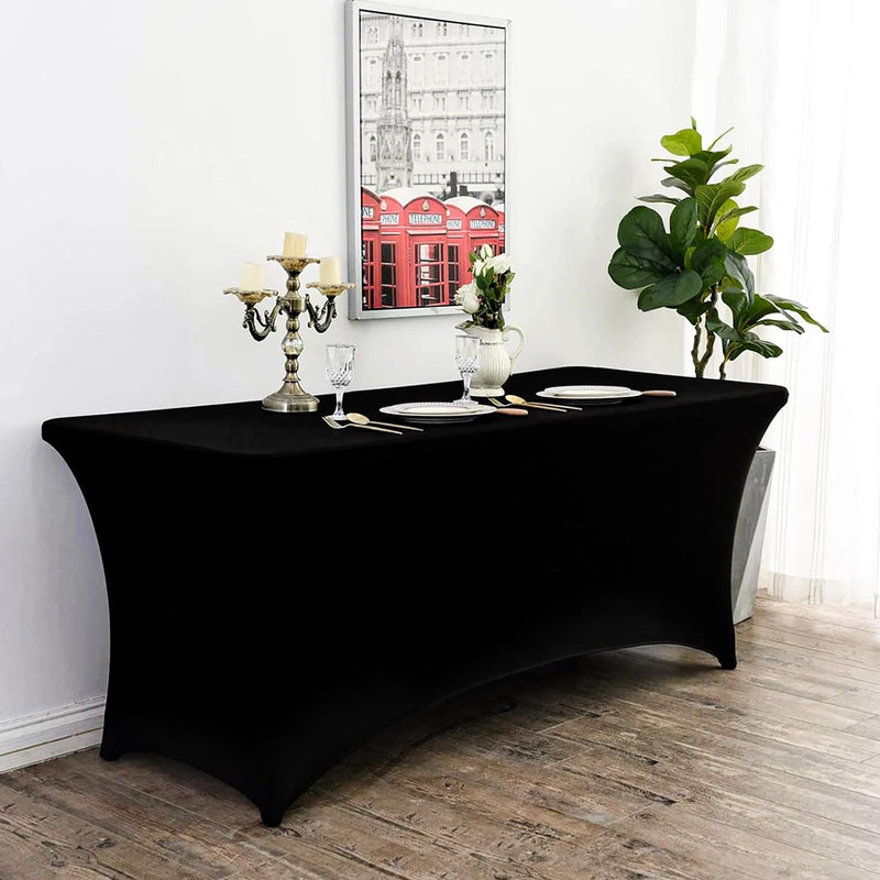 Fixwal 10 Pack 8Ft Black Table Cover, Spandex Fitted Tablecloths Rectangle, Wrinkle-Free and Stretch Folding Table Cloth for Banquet, Wedding, Party, Trade Show