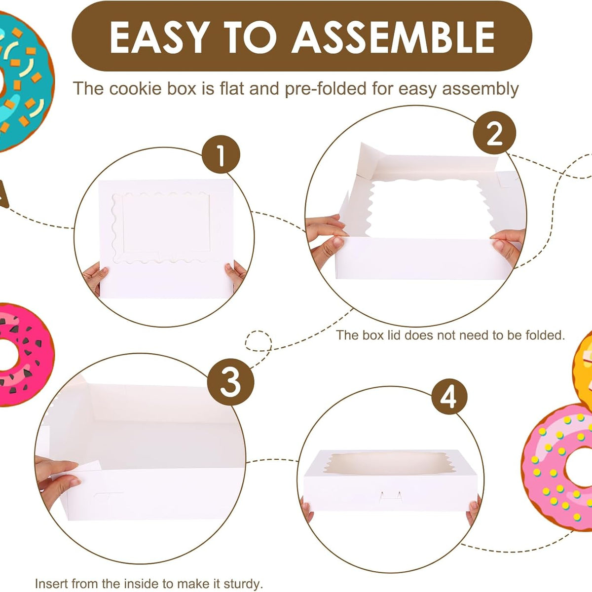 Moretoes 24pcs Bakery Boxes, 14x10x2.5 Inch Treat Boxes with Window for Chocolate Covered Strawberries, Donuts, Pies, Muffins and Pastries (White)