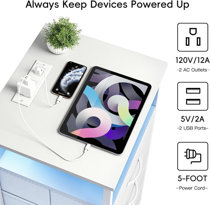 Fixwal White Nightstand with Charging Station, LED Night Stand with 3 Fabric Drawers and Open Shelf, Bedside End Table in Bedroom