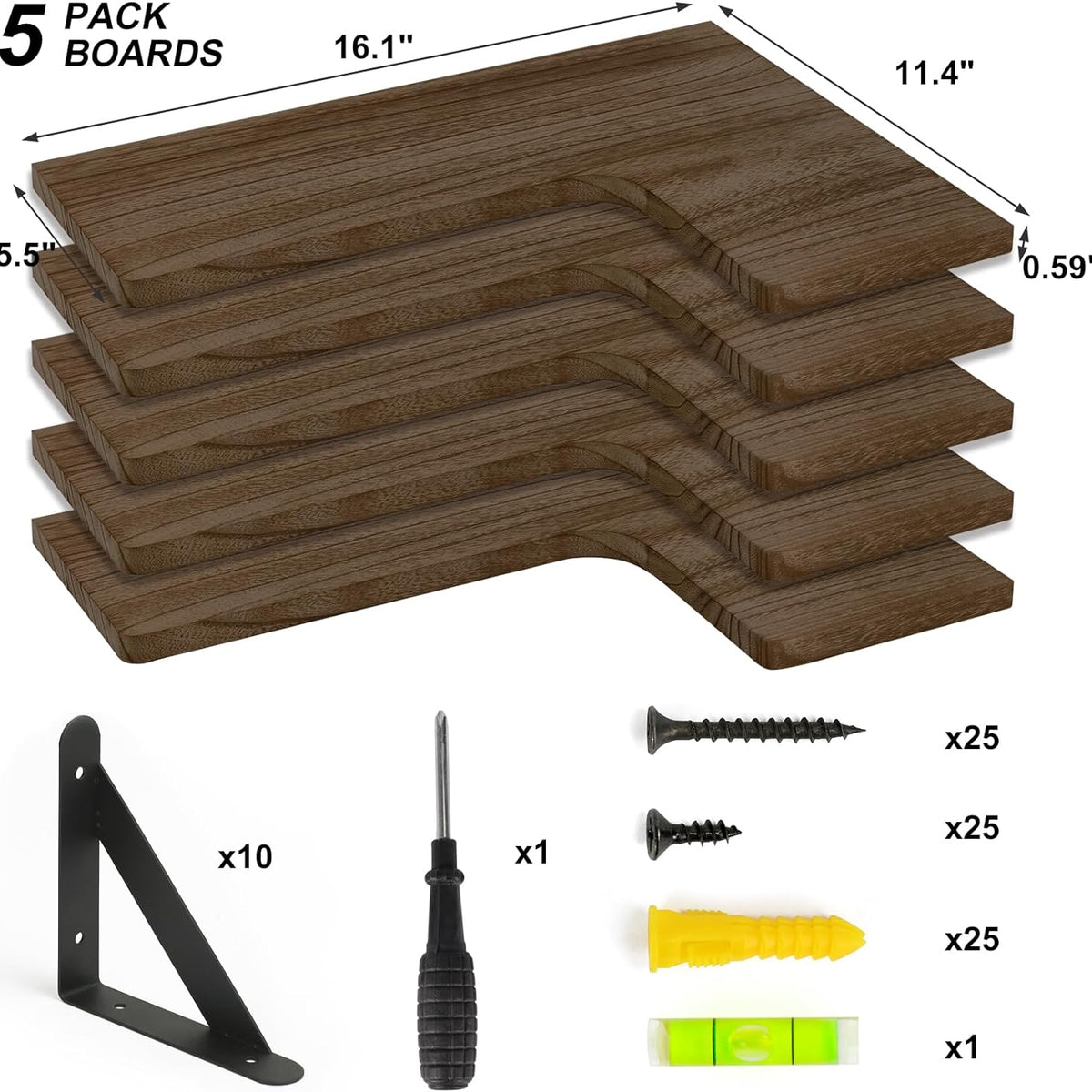 Fixwal Corner Floating Shelves Set of 5, Wall Mounted Corner Shelf, Rustic Wood Wall Shelves for Bathroom, Kitchen, Bedroom, Home Decor, Laundry Room, Living Room (Walnut)