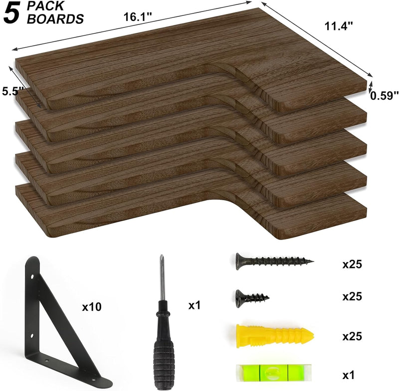 Fixwal Corner Floating Shelves Set of 5, Wall Mounted Corner Shelf, Rustic Wood Wall Shelves for Bathroom, Kitchen, Bedroom, Home Decor, Laundry Room, Living Room (Walnut)