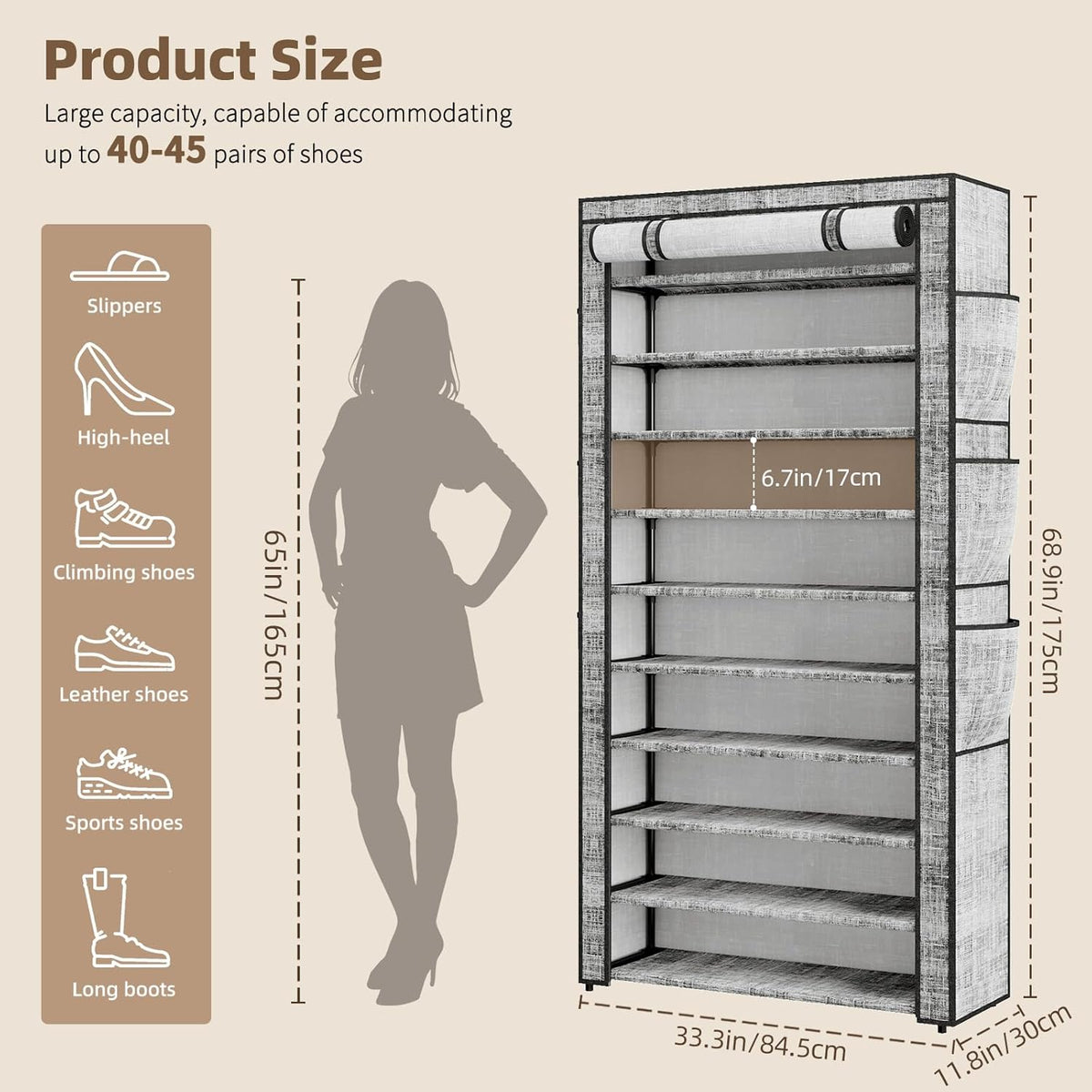 Shoe Rack with Cover, Large Capacity Shoe Organizer Storage 45 Pairs, 10 Tier Tall Shoe Shelf with 6 Side Pockets, Space Saving Shoe Storage for Closet, Entryway Hallway, Gray