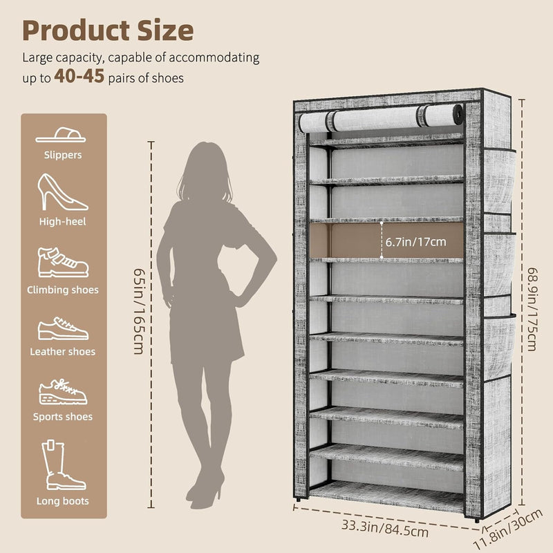 Shoe Rack with Cover, Large Capacity Shoe Organizer Storage 45 Pairs, 10 Tier Tall Shoe Shelf with 6 Side Pockets, Space Saving Shoe Storage for Closet, Entryway Hallway, Gray