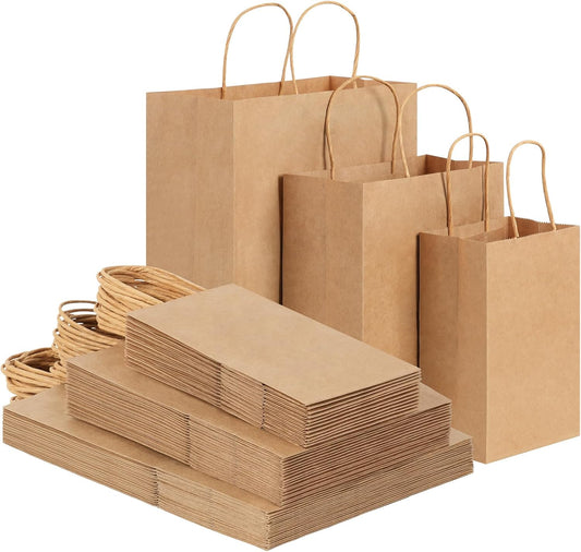 120pcs Paper Bags with Handles Assorted Sizes Kraft Brown Paper Gift Bags Bulk 3 Mixed Sizes for Retail, Party, Birthday, Gift, Shopping, Business, Merchandise