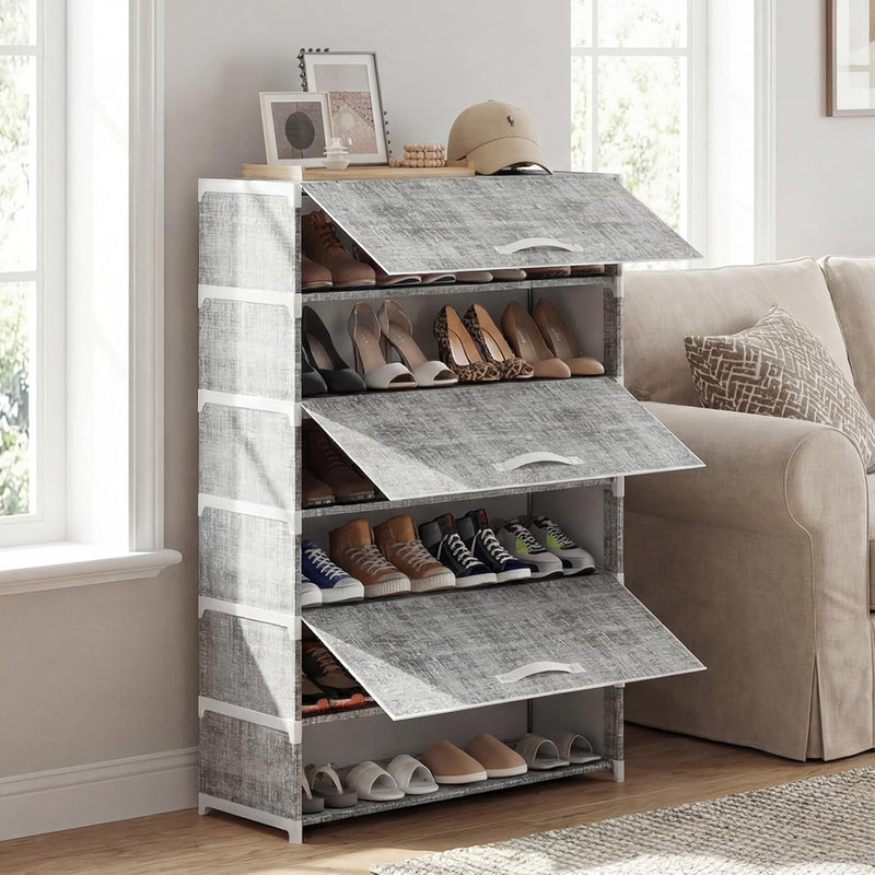 Shoe Storage Cabinet with Dustproof Flip Doors, 7 Tier Large Shoe Rack Organizer, Free Standing Shoe Shelf for Entryway, Closet, Hallway, Space Saving Sneaker Boots Storage, Modern Grey