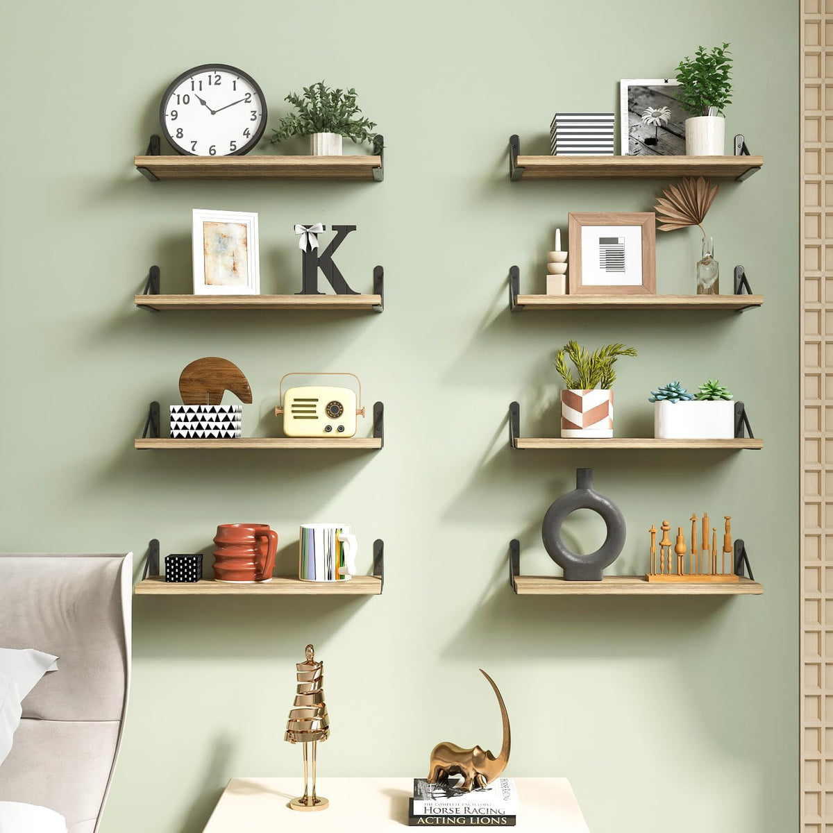 Fixwal Shelves for Room Wall, Width 4.75in Rustic Wood Wall Storage, Floating Shelves for Bedroom, Living Room, Kitchen, Bathroom, Office Decor and Plants Display (Set of 8 Carbonized Black)
