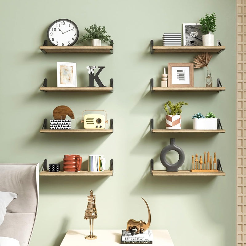 Fixwal Shelves for Room Wall, Width 4.75in Rustic Wood Wall Storage, Floating Shelves for Bedroom, Living Room, Kitchen, Bathroom, Office Decor and Plants Display (Set of 8 Carbonized Black)